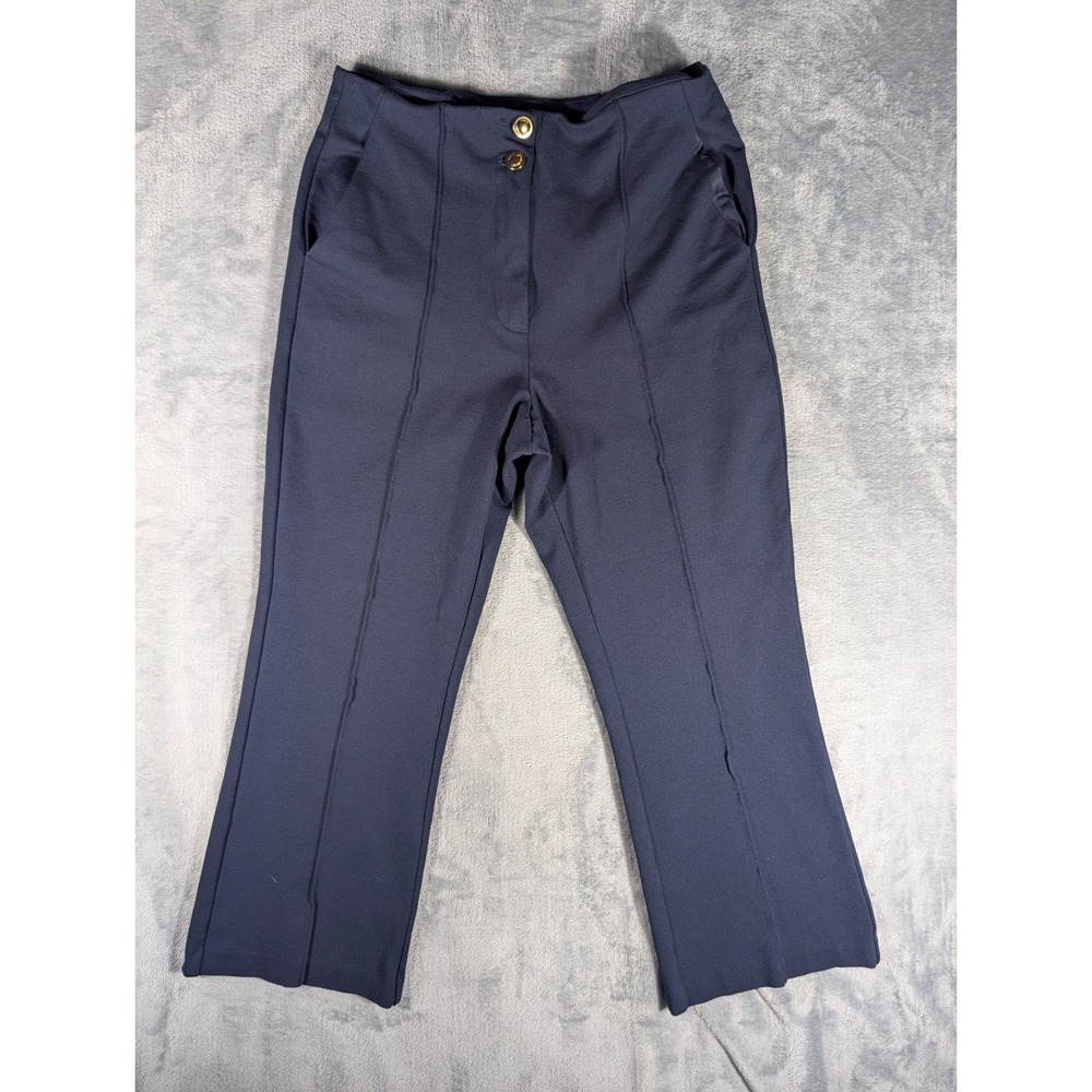 Michael Kors Navy Blue Pintuck Cropped Flare Pants Womens 8 Gold Button Career